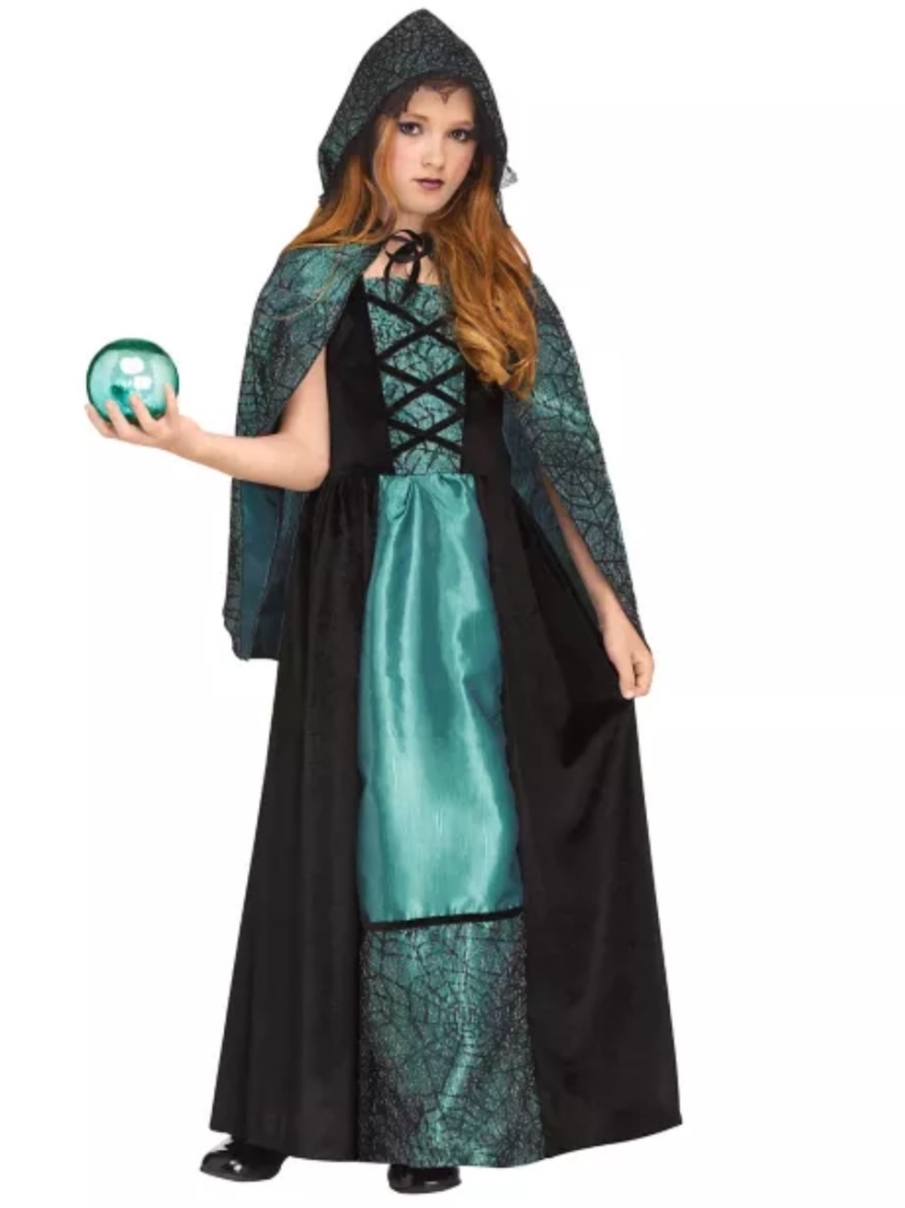 Spirit Emerald and Black Sorceress Costume with Hooded Cape
